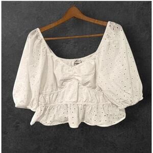 a new day womens Crop Trop Blouse Flowy Short Puff Sleeves Eyelet White Size XL